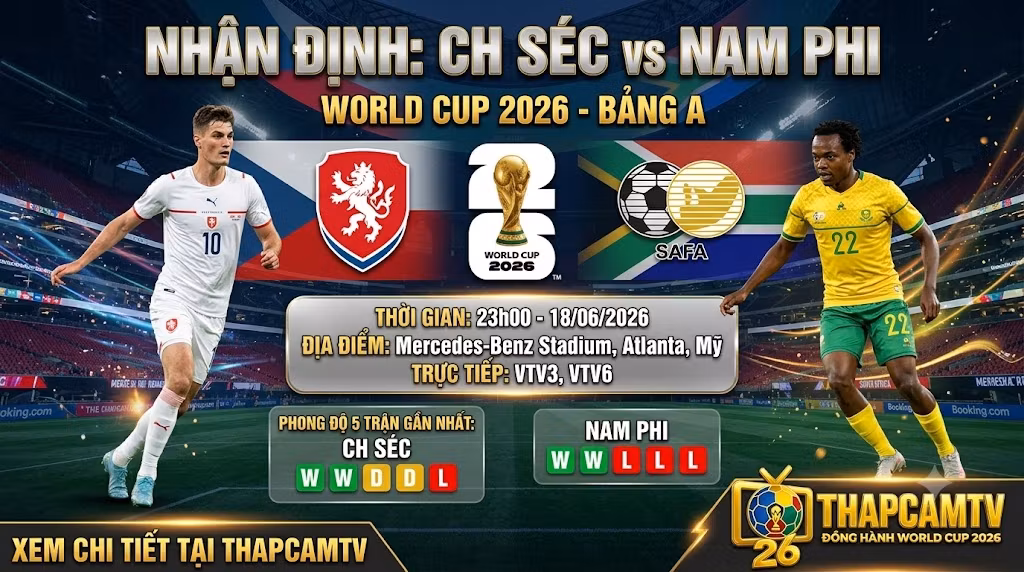 Nhận định bóng đá CH Séc vs Nam Phi bảng A World Cup 2026 đồ họa tổng quan trước trận đấu trên Thapcamtv