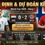 Ảnh bìa infographic nhận định trận đấu World Cup 2026 giữa Iraq và Na Uy, với dự đoán tỷ số 0-2 cho Na Uy, hình ảnh cầu thủ Aymen Hussein đối đầu Erling Haaland và các panel thống kê phong độ.